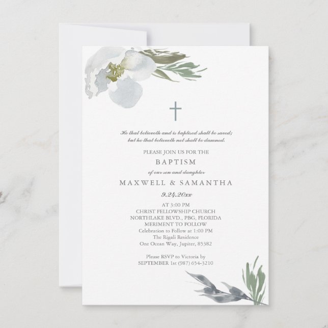 Invitation Aquarelle gris cool Florales Twins Baptême (Devant)