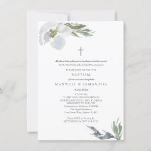 Invitation Aquarelle gris cool Florales Twins Baptême