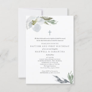 Invitation Aquarelle gris cool Florales Twins Baptême