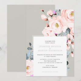 Invitation Aquarelle gris et bleu Mariage floral