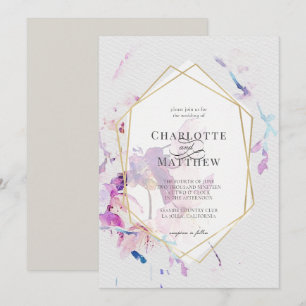 Invitation Aquarelle gris et violet Mariage de cadre or Flora