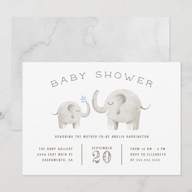 Invitation Aquarelle gris mou Baby shower éléphant (Devant / Derrière)