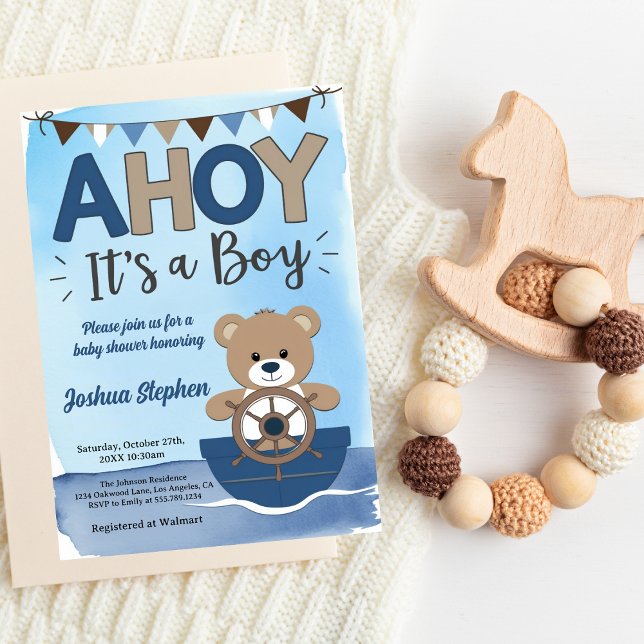 Invitation Aquarelle Happy Bear Ahoy C'est un Baby shower gar (Créateur téléchargé)