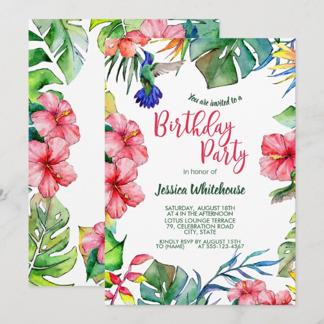 Invitation Aquarelle hawaïenne tropicale Anniversaire floral (Devant / Derrière)