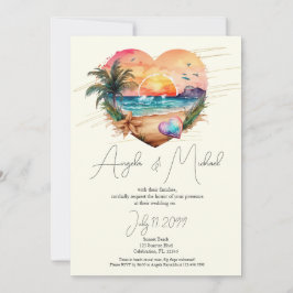 Invitation Aquarelle Hawaii Beach Sunset Heart Mariage