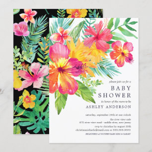 Invitation Aquarelle Hibiscus Fleurs Baby shower tropical
