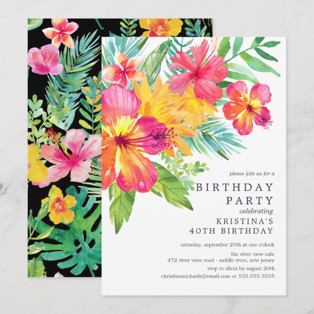 Invitation Aquarelle Hibiscus Floral Tropical Anniversaire (Devant / Derrière)