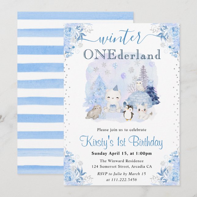 Invitation Aquarelle Hiver Animaux arctiques 1er anniversaire (Devant / Derrière)