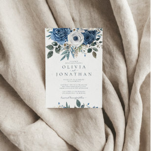 Invitation Aquarelle Hiver Bleu Floral Bouquet Mariage