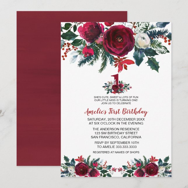 Invitation Aquarelle Hiver Fleurs Bourgogne Premier Anniversa (Devant / Derrière)