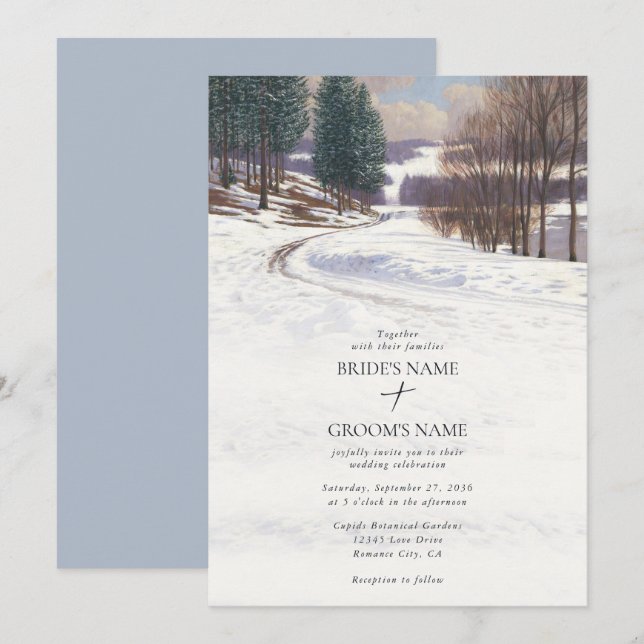 Invitation Aquarelle Hiver Mariage paysage neige (Devant / Derrière)