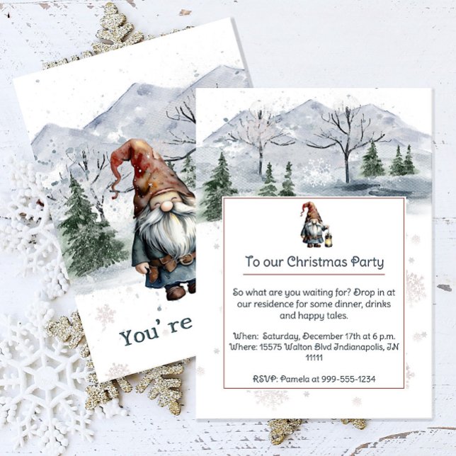 Invitation Aquarelle hiver Noël Gnome Fête (Watercolor Winter Christmas Gnome Holiday Party Invitation)
