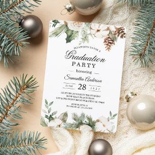 Invitation Aquarelle Hiver Pin vert Arbre et Fleurs blanches