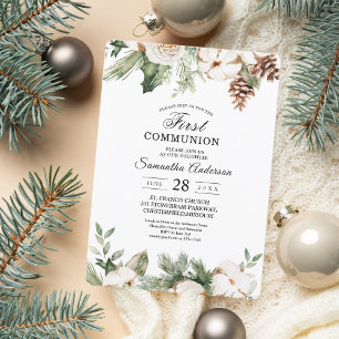 Invitation Aquarelle Hiver Pin vert Arbre et Fleurs blanches