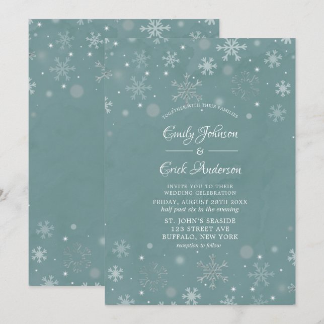 Invitation Aquarelle hiver Sage blanc Mariage (Devant / Derrière)