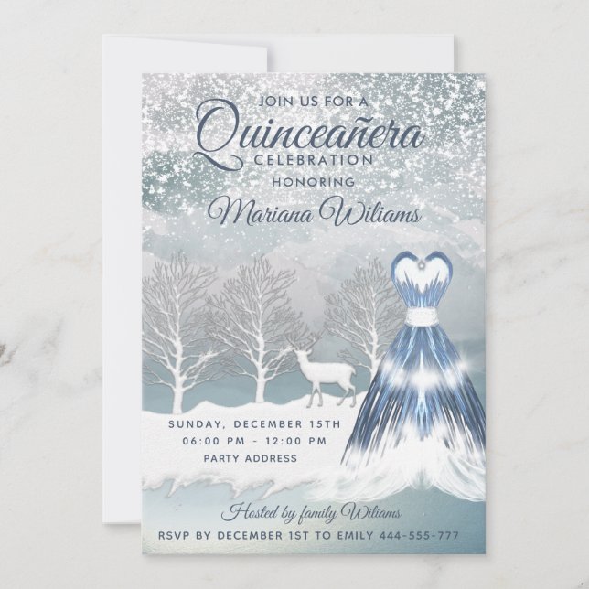 Invitation Aquarelle hiver scène bleu robe Quinceañera (Devant)