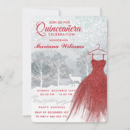 Invitation Aquarelle hiver scène robe rouge Quinceañera