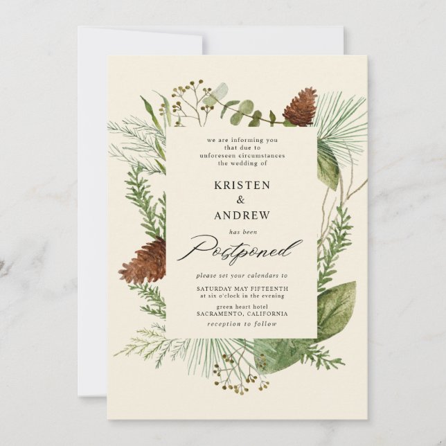 Invitation aquarelle hiver verdure reportée Mariage (Devant)