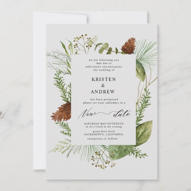 Invitation aquarelle hiver verdure reportée Mariage (Devant)