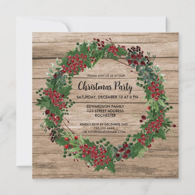 Invitation Aquarelle Holly courre grange bois fête de Noël (Devant)