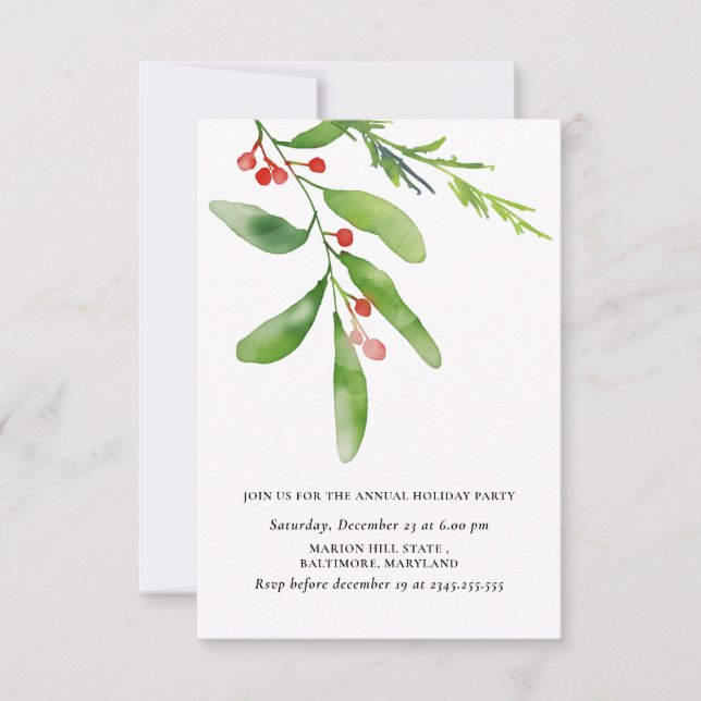 Invitation Aquarelle Holly Red Berry Fête annuelle (Devant)