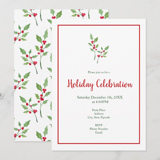 Invitation Aquarelle Holly Sprigs et Motif (Devant / Derrière)