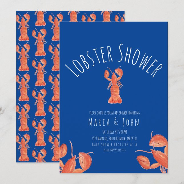Invitation Aquarelle Homard Baby shower de fête Crabe bleu (Devant / Derrière)