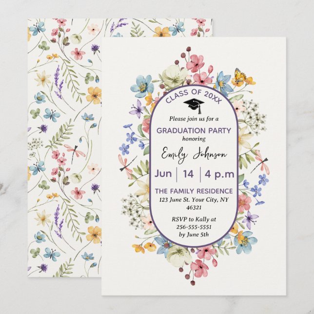 Invitation Aquarelle Hors Blanc Floral Chic Graduation (Devant / Derrière)
