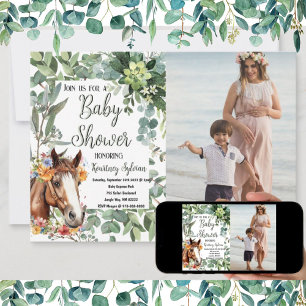 Invitation Aquarelle Horse Floral Baby shower photo personnal