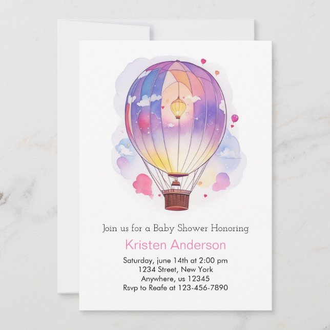 Invitation Aquarelle Hot Air Balloon Baby shower fille (Devant)