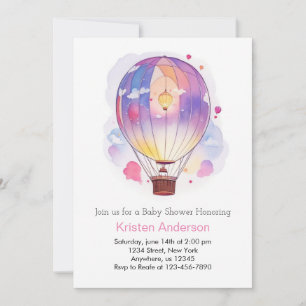 Invitation Aquarelle Hot Air Balloon Baby shower fille