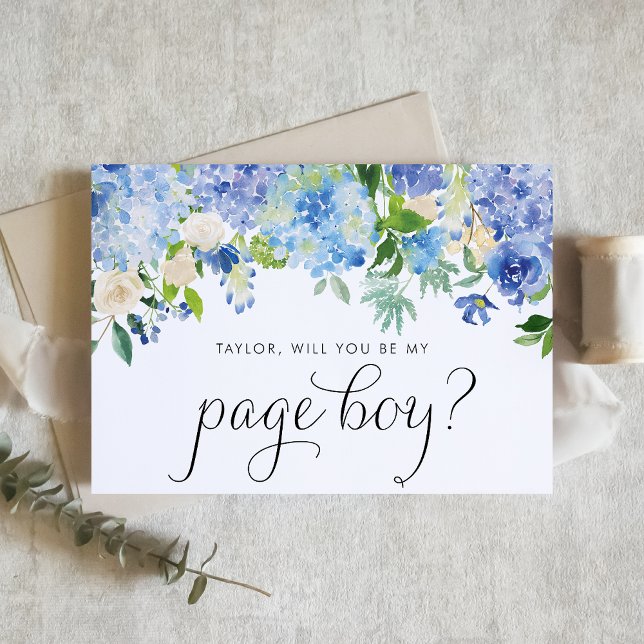 Invitation Aquarelle Hydrangea Bleue Seras-Tu Mon Garçon D'Ho (Blue hydrangea and white rose page boy card with greenery accents for romantic floral weddings.)