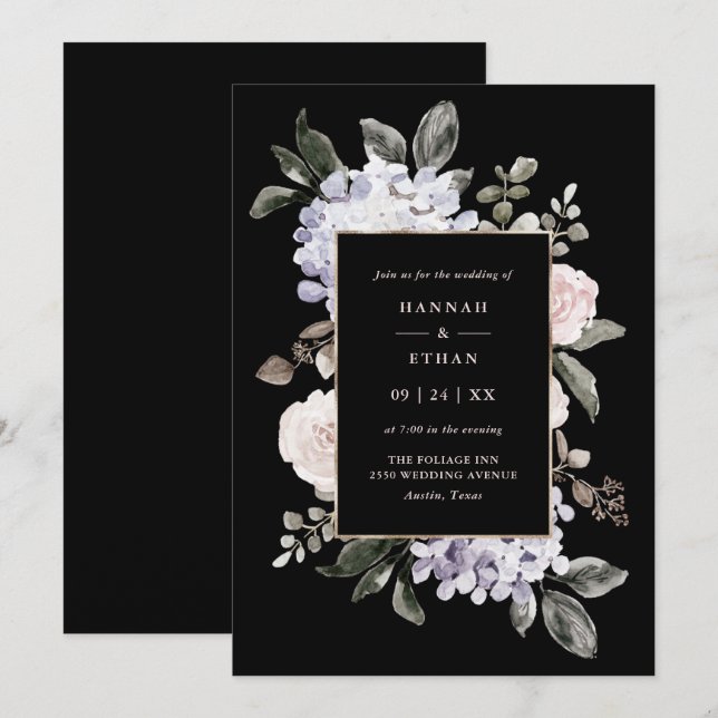 Invitation Aquarelle Hydrangea Floral sur noir| Mariage (Devant / Derrière)