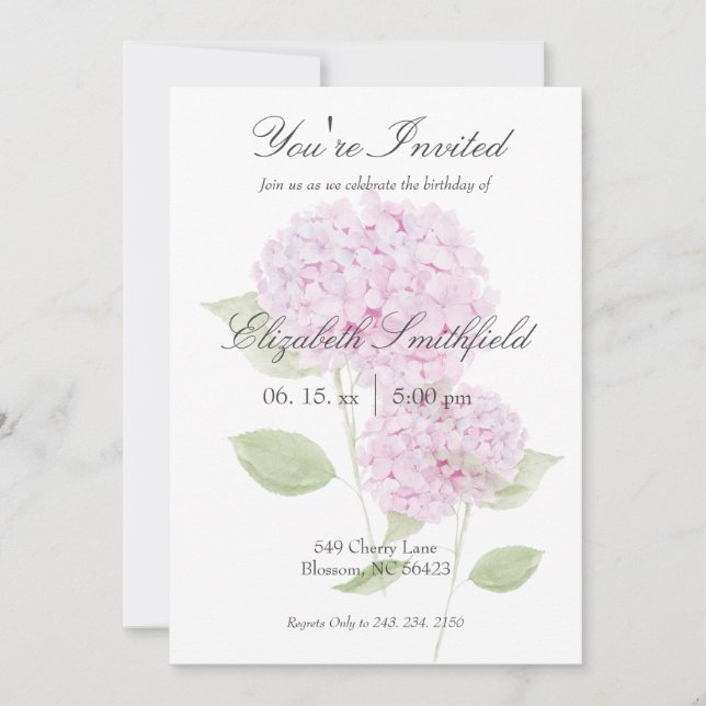 Invitation aquarelle Hydrangea rose (Devant)