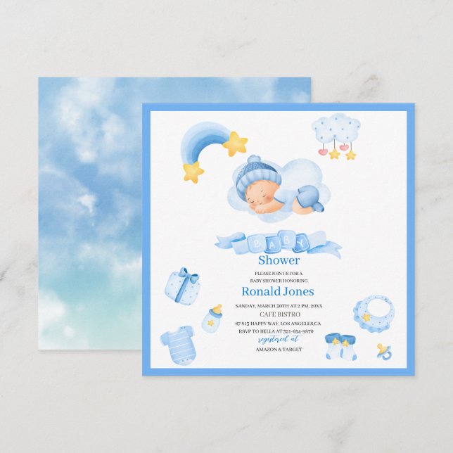 Invitation Aquarelle il est bleu garçon Boho Nursery Baby Sho (Devant / Derrière)
