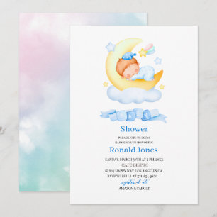 Invitation Aquarelle il est garçon Bleu Boho Nursery Baby Sho