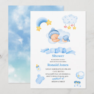 Invitation Aquarelle il est garçon Bleu Boho Nursery Baby Sho