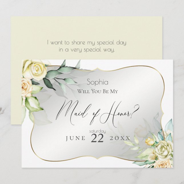 Invitation Aquarelle Ivoire Jaune Blush Roses Maid of Honor (Devant / Derrière)