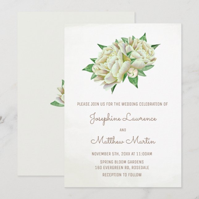 Invitation Aquarelle ivoire Peony Mariage floral (Devant / Derrière)