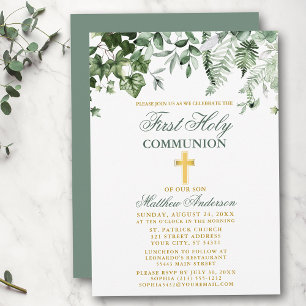 Invitation Aquarelle Ivy Ferns Sage Gold Première communion