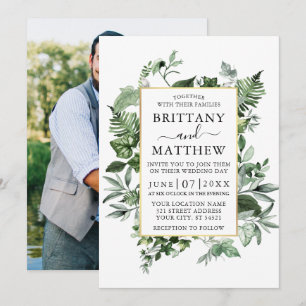 Invitation Aquarelle Ivy Ferns Sage Photo Gold Mariage