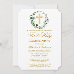 Invitation Aquarelle Ivy Wreath First Communion Gold