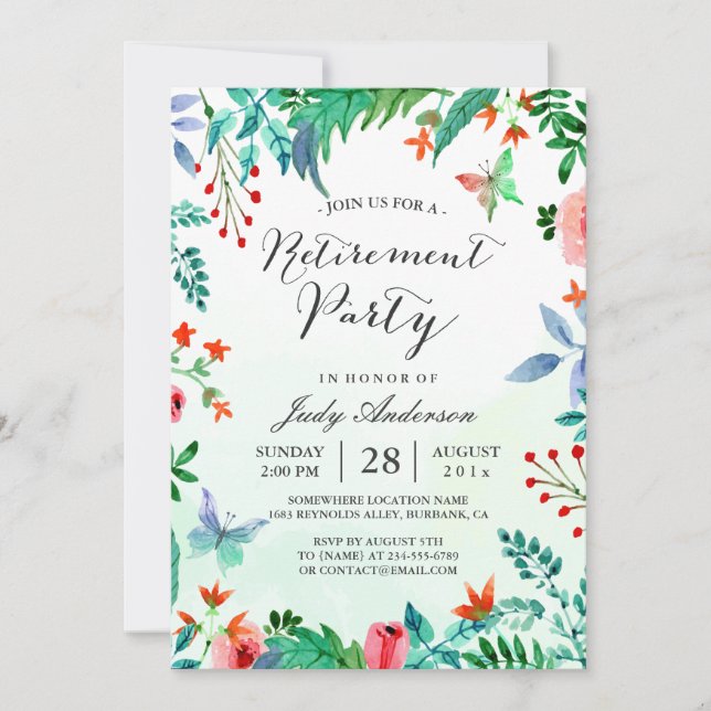 Invitation Aquarelle Jardin Vert Floral Retraite Party (Devant)