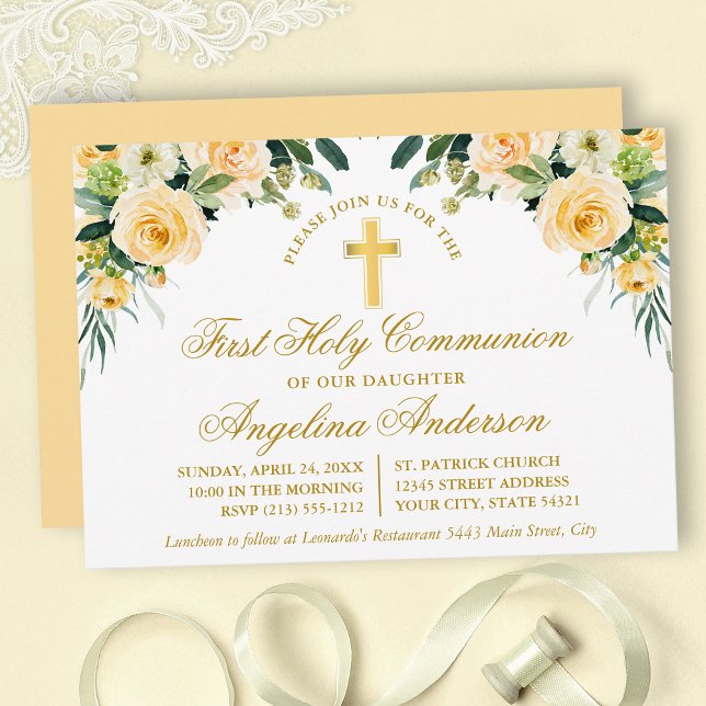 Invitation Aquarelle Jaune Blanc Floral Communion Or (Customize to change text color, size, style or to change color of back of card.)
