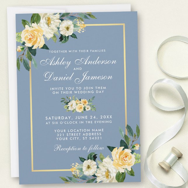 Invitation Aquarelle Jaune Blanc Floral Dusty Blue Mariage (Créateur téléchargé)