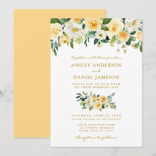 Invitation Aquarelle Jaune Blanc Floral Mariage Or (Devant / Derrière)