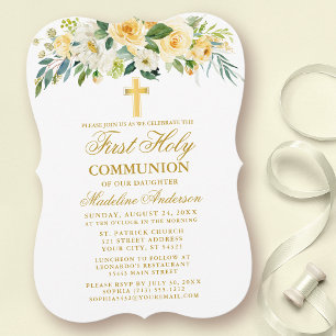 Invitation Aquarelle Jaune Blanc Floral Première Communion