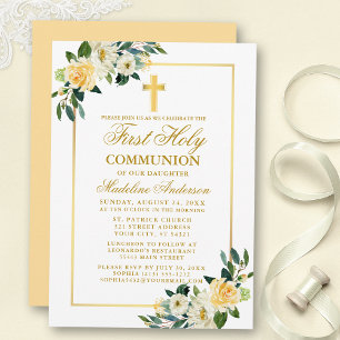 Invitation Aquarelle Jaune Blanc Floral Première Communion