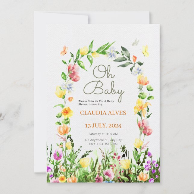 Invitation aquarelle jaune botanique babyshower fleurie (Devant)