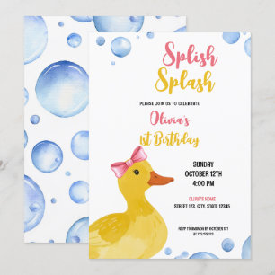 Invitation Aquarelle Jaune Canard Bébé Fille Anniversaire